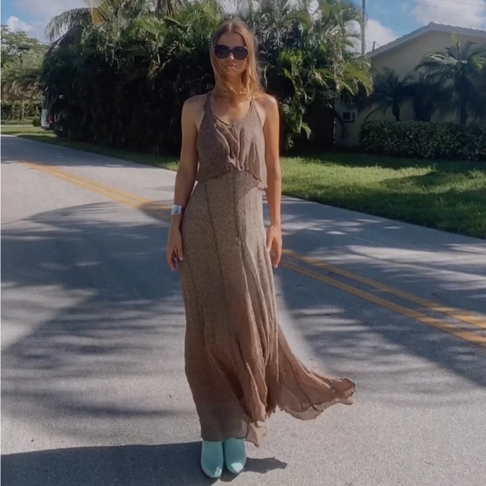 Gypsy 05 Chiffon Silk Floral Maxi Dress Size M Brown Boho Bohemian Chic Fall
